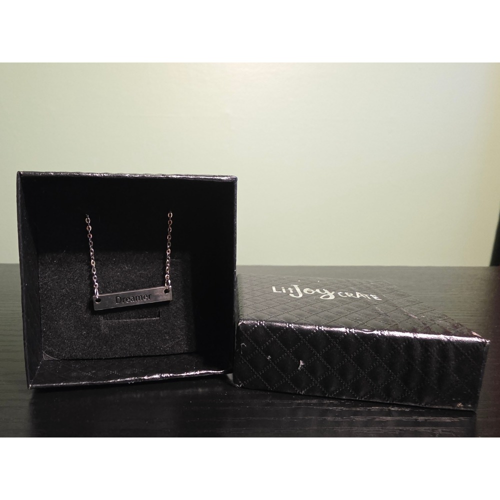 LitJoy Crate Dreamer Bar Necklace Silver Tone Engraved Bar Pendant with Box